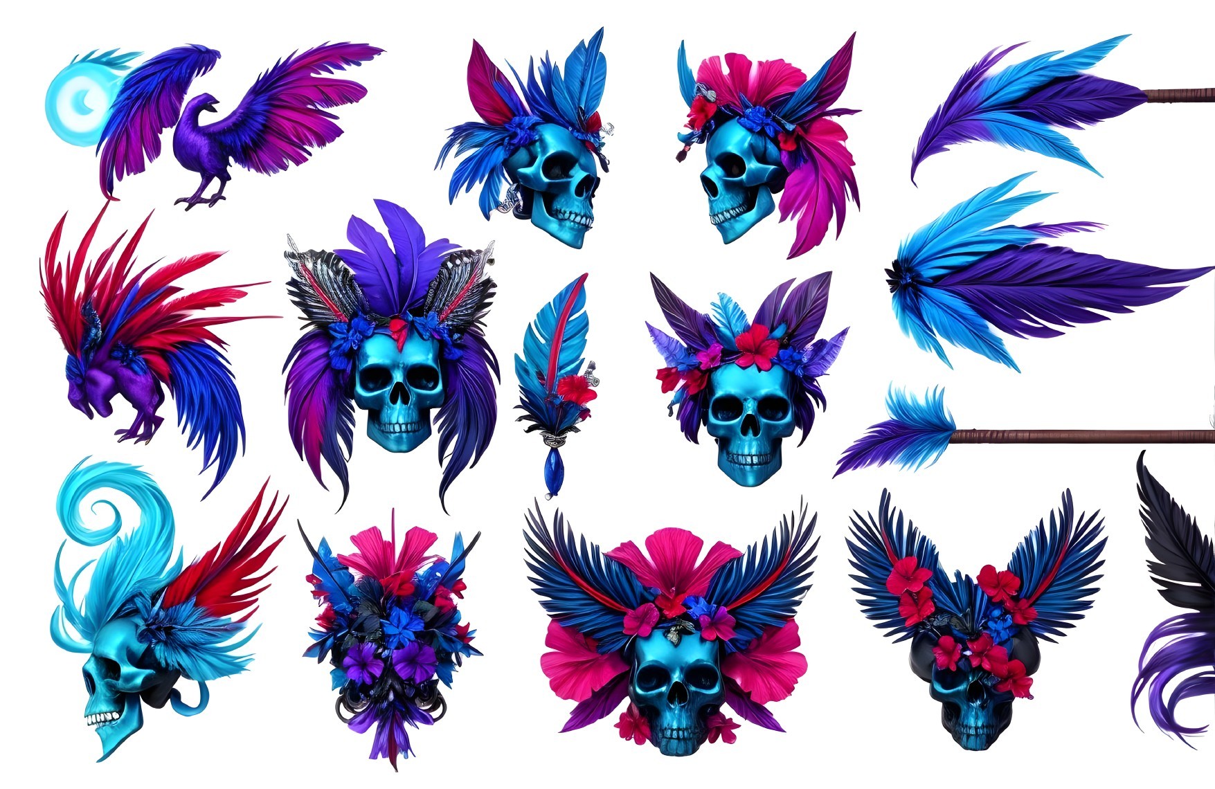 Colorful Artistic Skulls with Feathers and Floral Designs