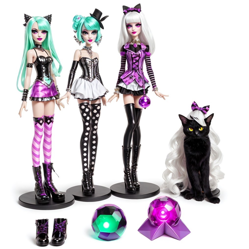Stylish dolls in vibrant outfits with a black cat