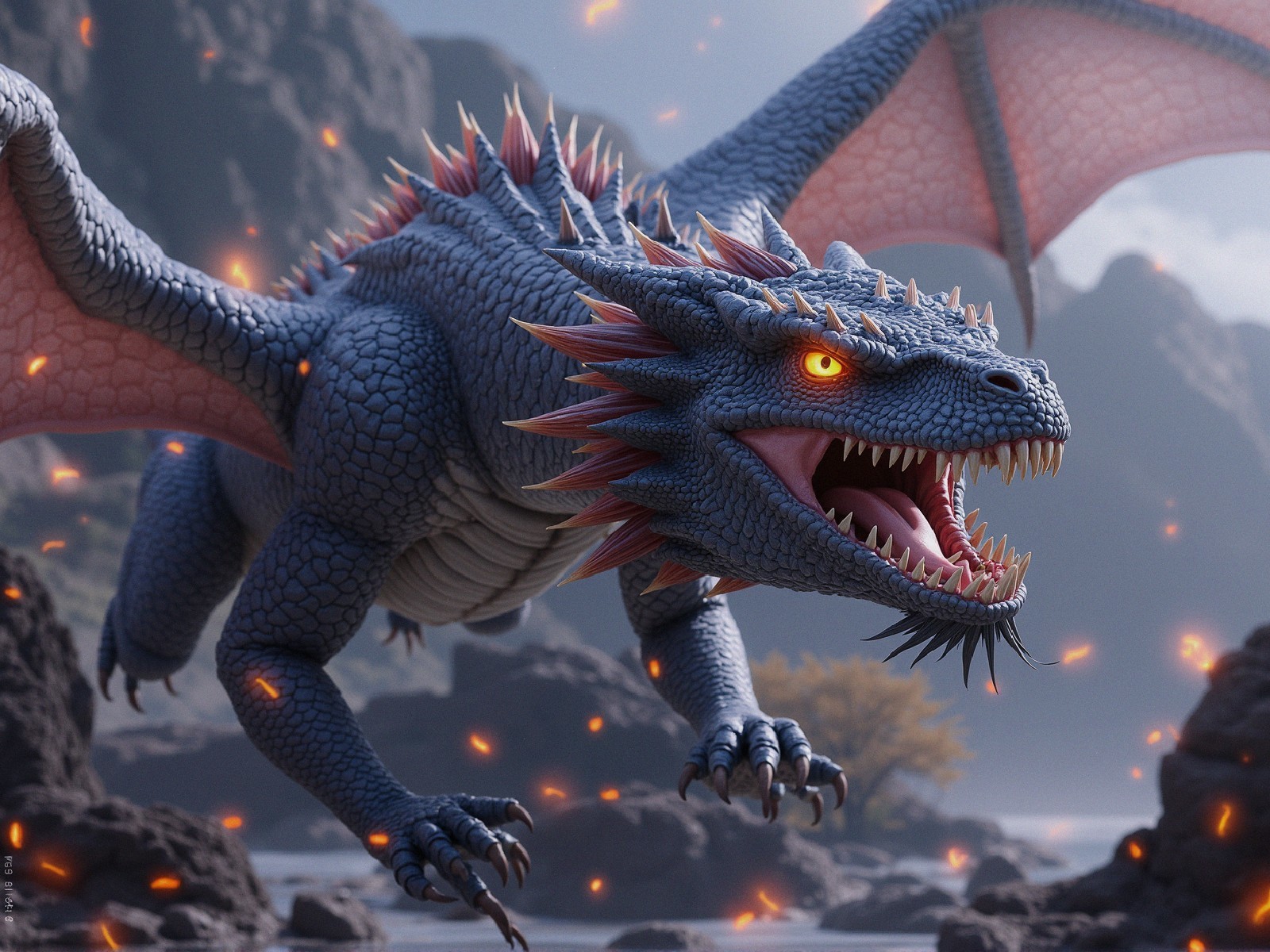 Blue Dragon Soaring Over Rocky Terrain with Fire Sparks