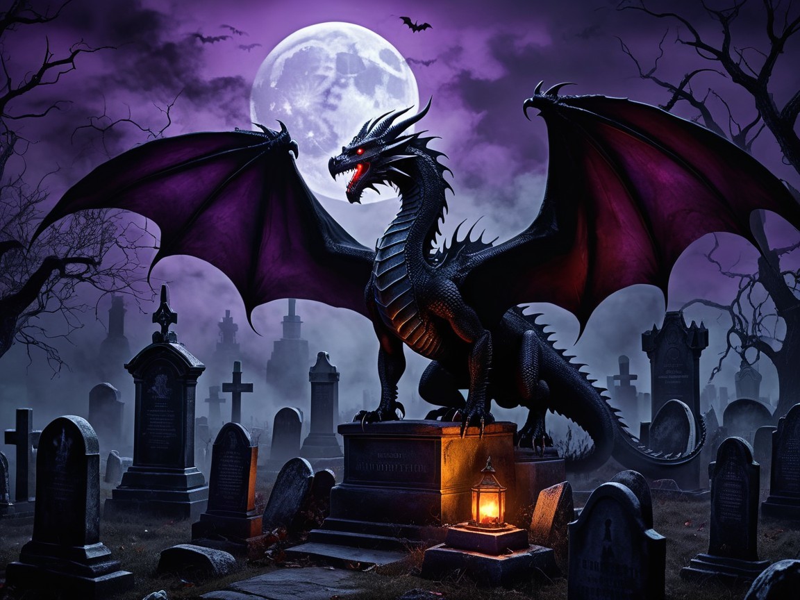 Black Dragon on Gravestone in Eerie Graveyard Scene