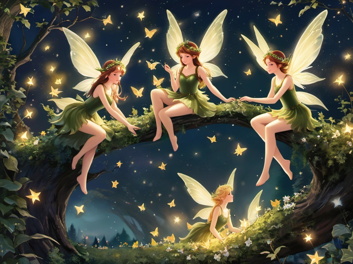 Enchanting Fairies Gather in a Moonlit Forest Scene