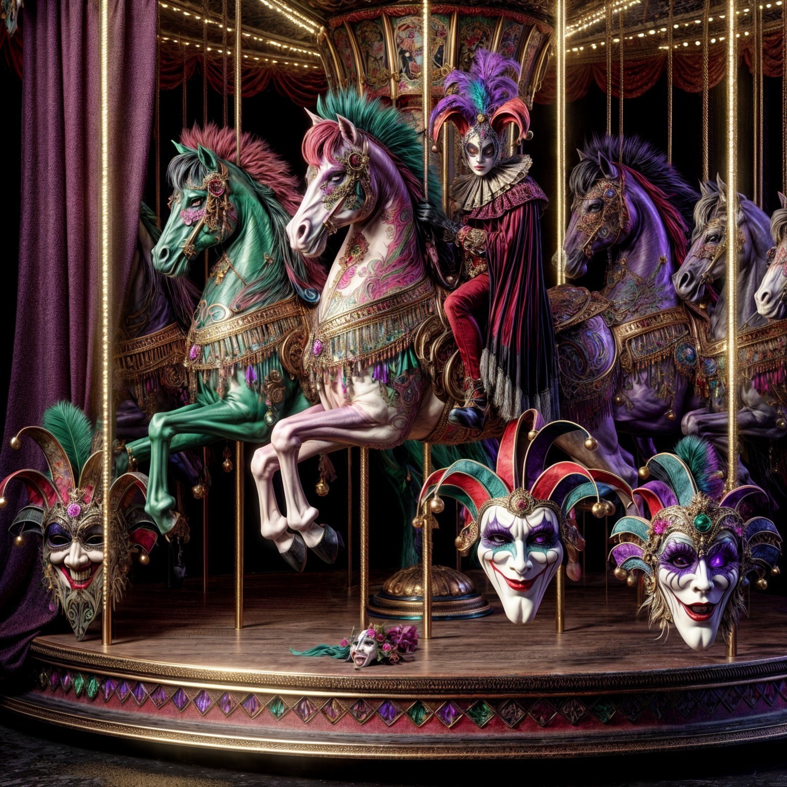 Vibrant Carousel with Colorful Horses and Masks