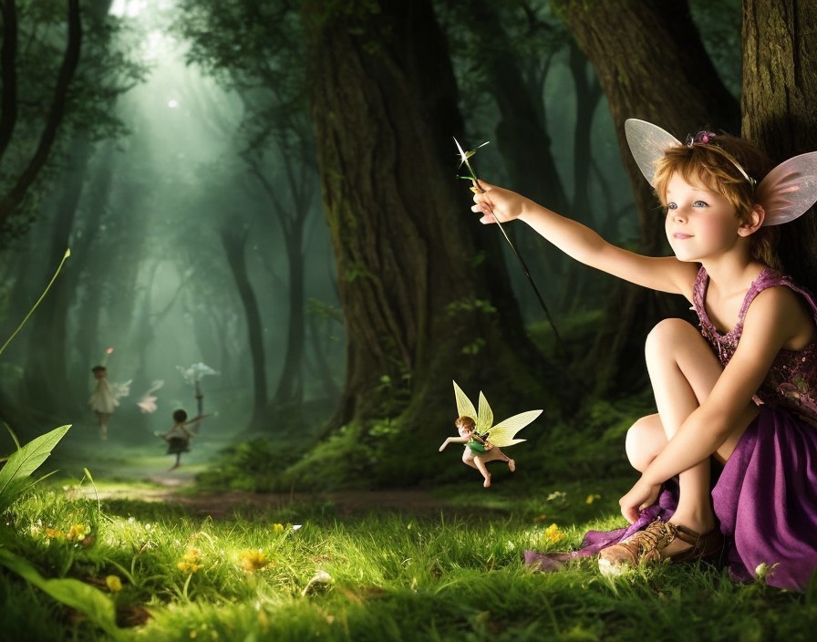 Whimsical Girl in Enchanted Forest with Fairies