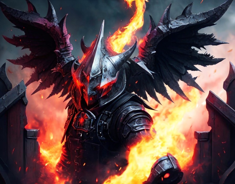 Armored Figure Surrounded by Flames and Smoke