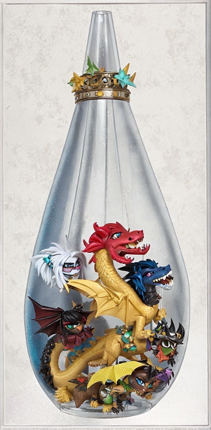 Colorful Dragon Figurines in a Whimsical Glass Bottle