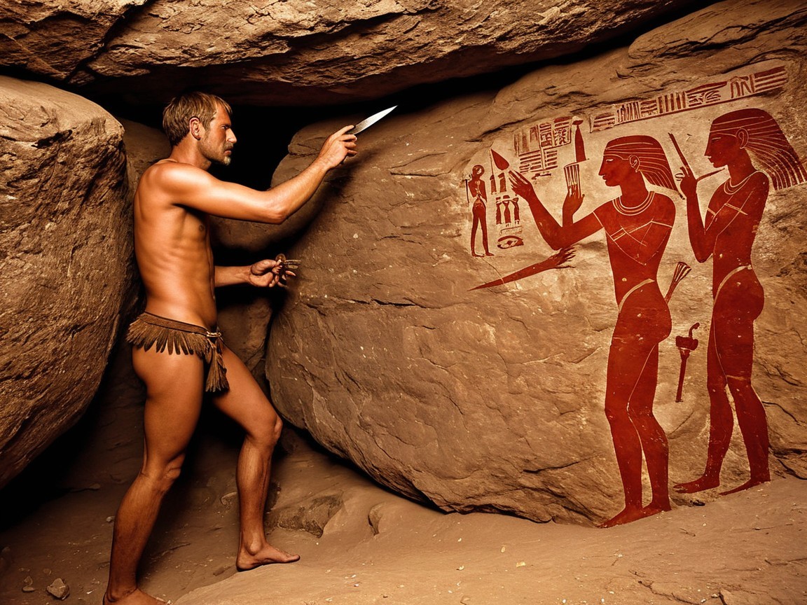 Nude Man Inscribing Ancient Rock Art in Cave