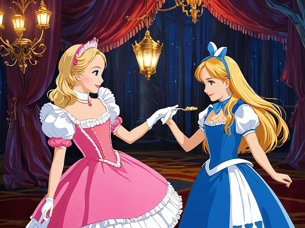 Princesses in Enchanted Ballroom Sharing a Moment