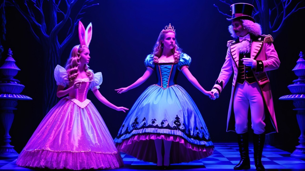 Three Characters on a Whimsical Stage Set