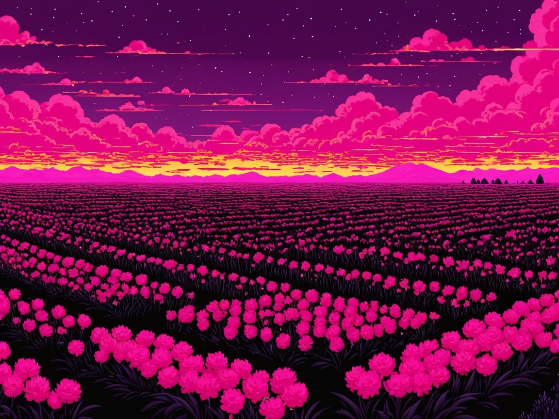 Vibrant Field of Pink Flowers at Twilight Sky