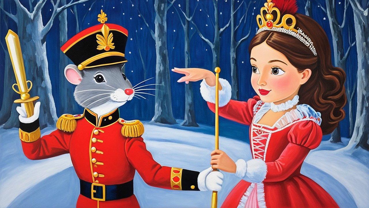 Whimsical Winter Scene with Mouse Soldier and Princess