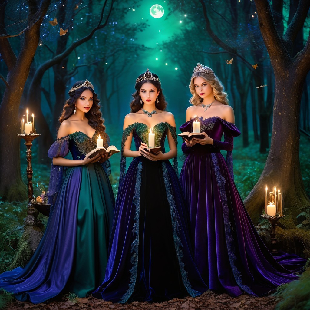 Elegant Women in Off-the-Shoulder Gowns in Forest