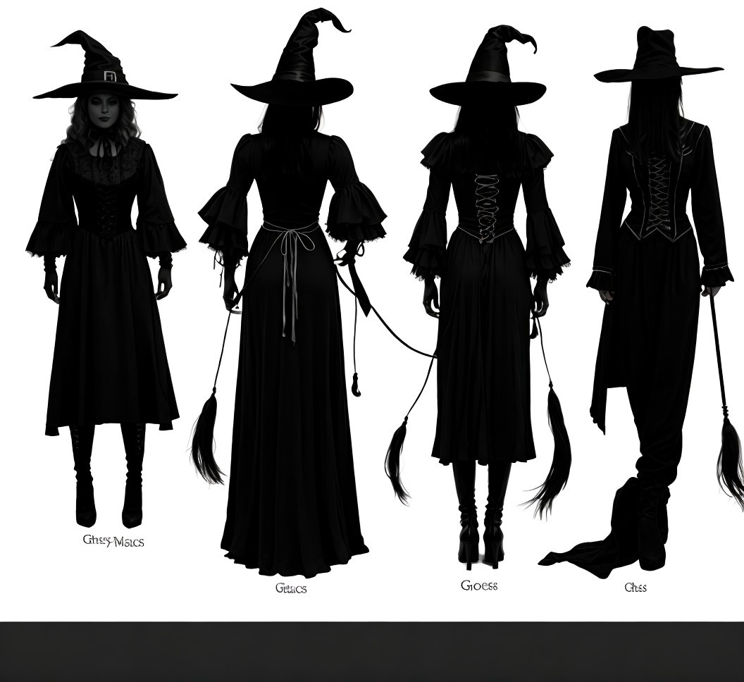Silhouettes of Witches in Distinct Black Outfits