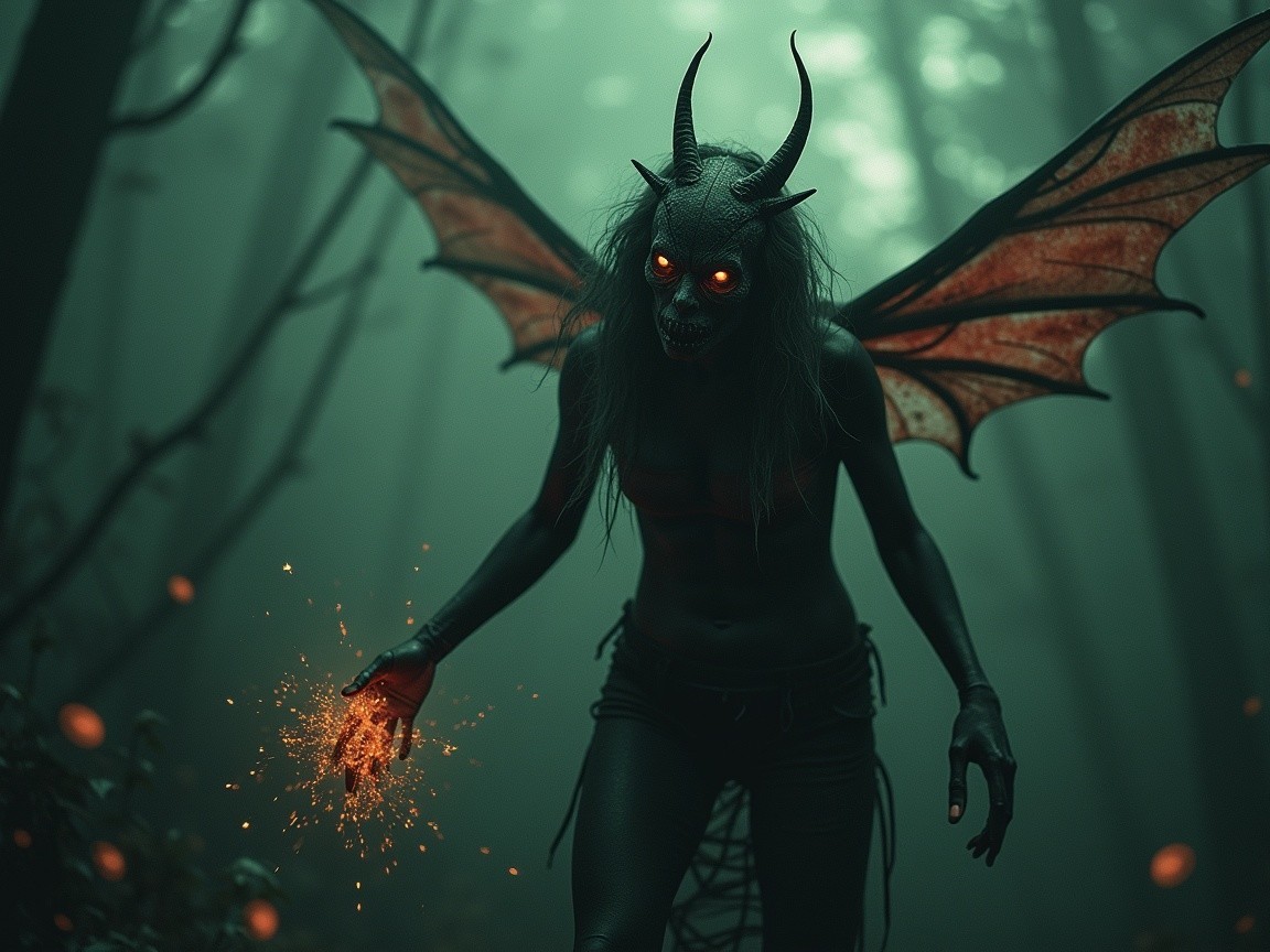 Dark Mystical Figure in Eerie Forest with Glowing Eyes