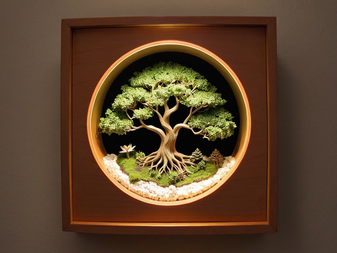 Intricate Tree Artwork in Circular Wooden Frame