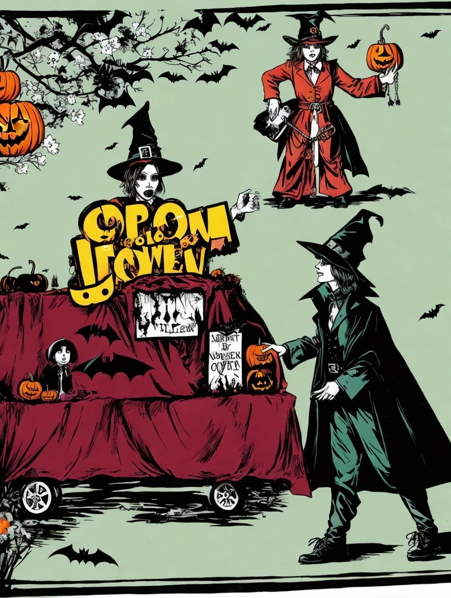 Whimsical Halloween Scene with Witches and Decorations