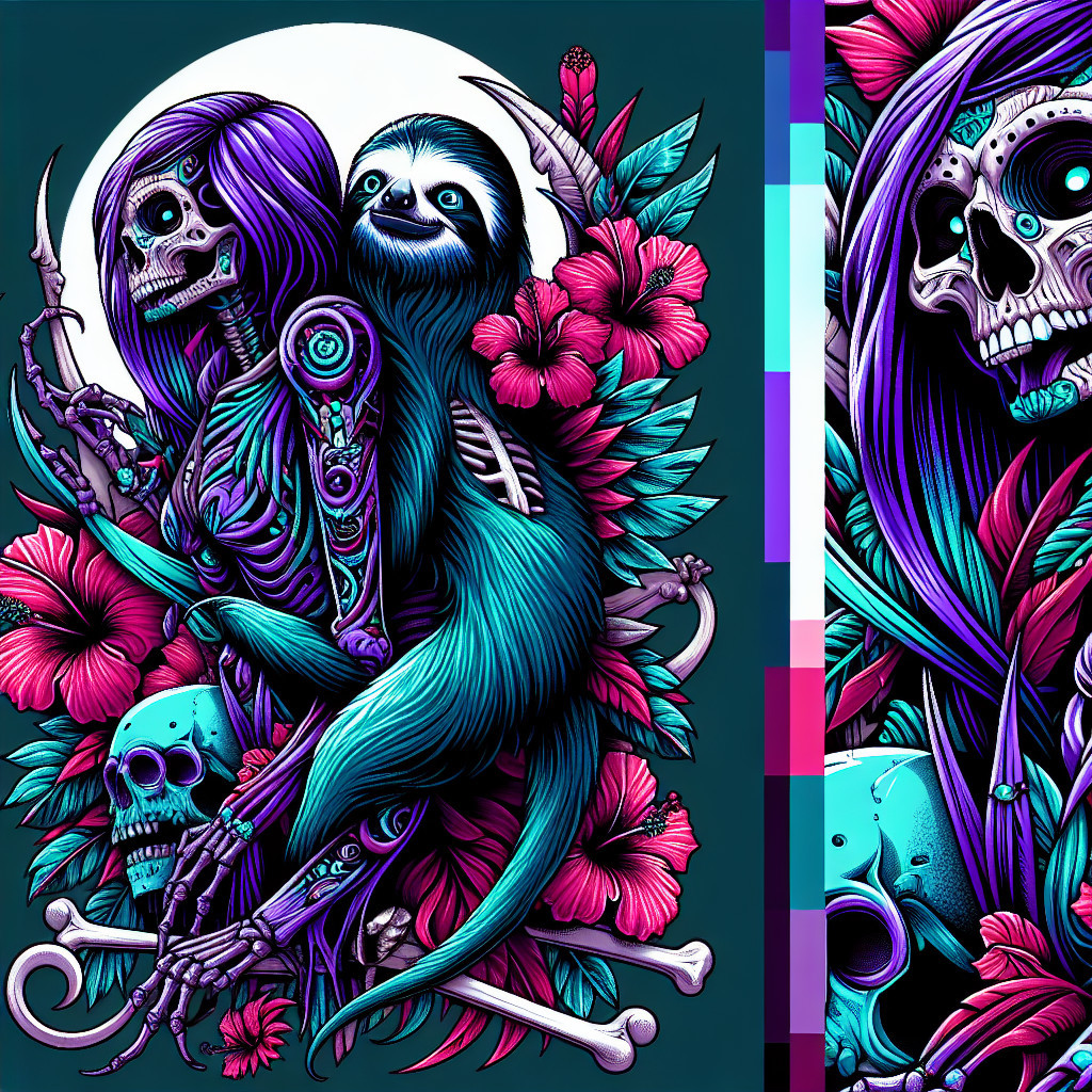 Surreal Illustration of Skeleton Woman and Sloth