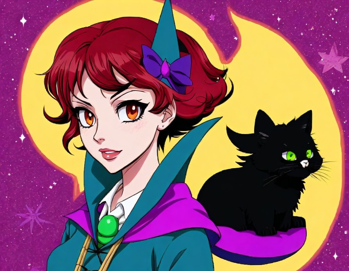 Young Witch with Red Hair and Black Cat in Starry Scene