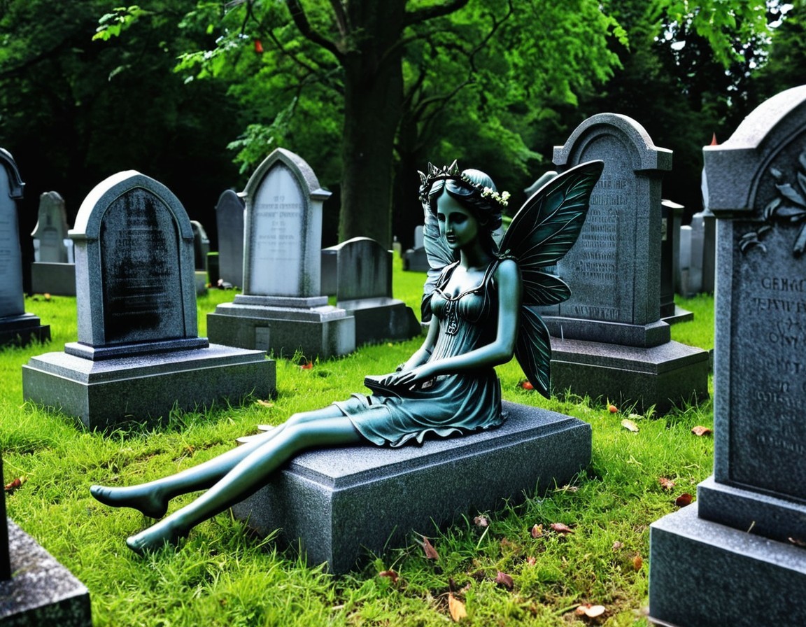 Fairy Statue on Tombstone in Serene Graveyard Scene