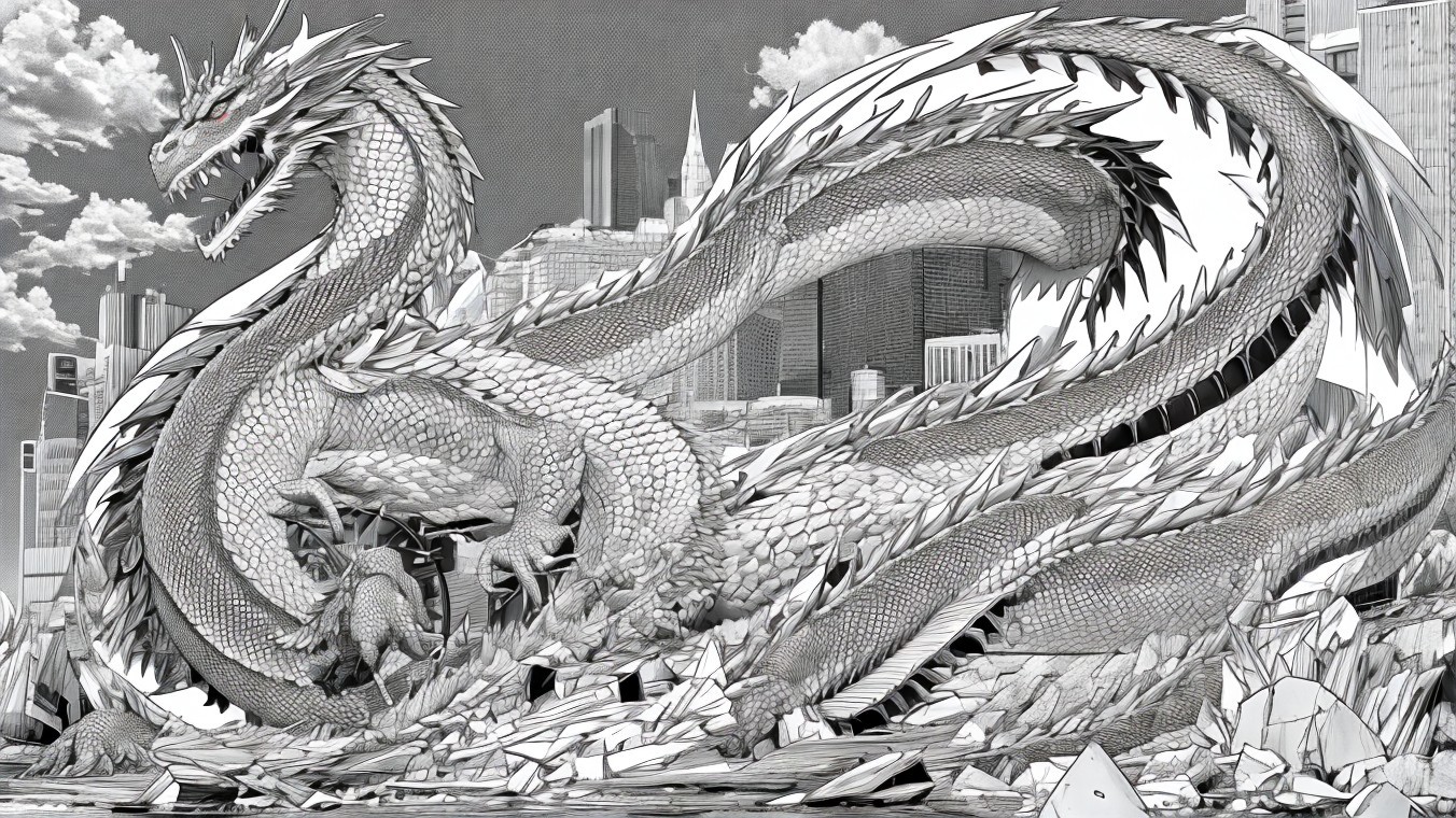 Colossal Dragon in Shattered Urban Landscape