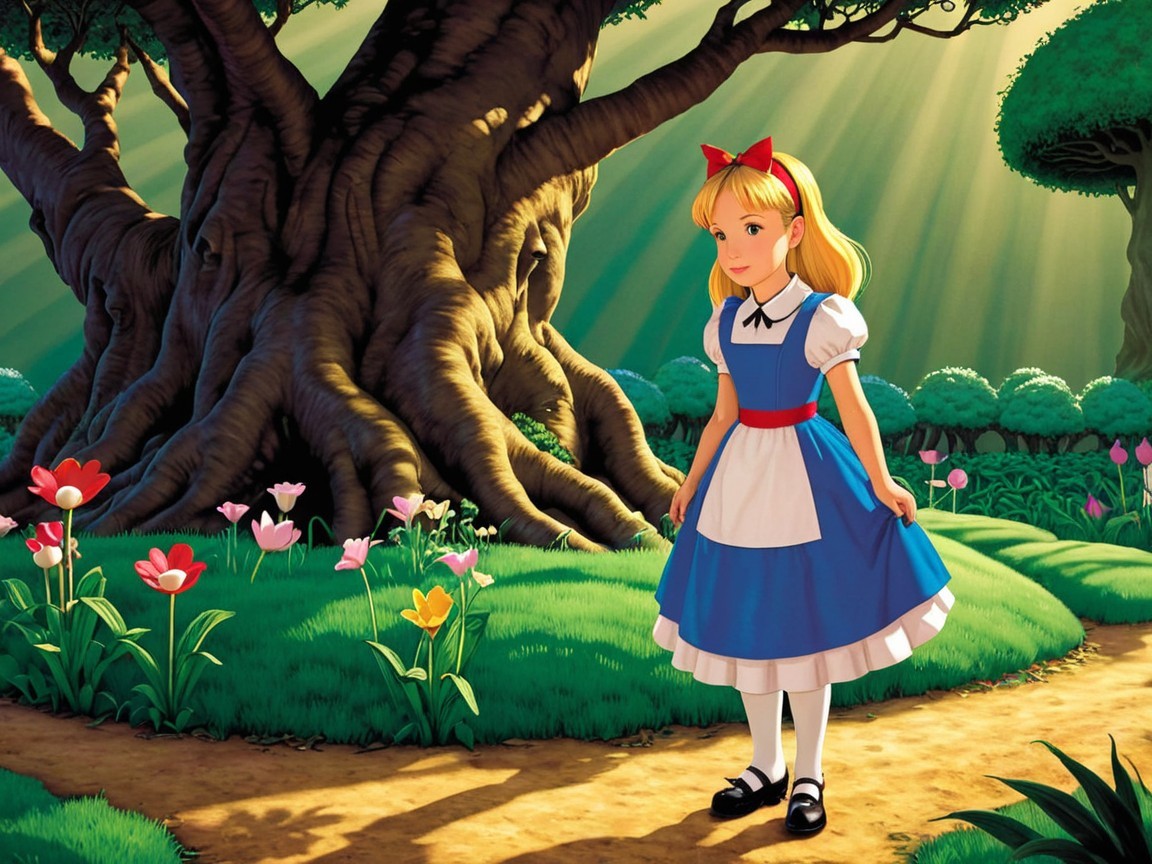 Young girl in enchanted landscape with vibrant colors