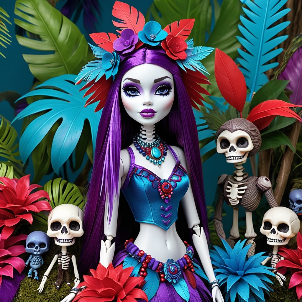 Stylized doll with purple hair and tropical setting