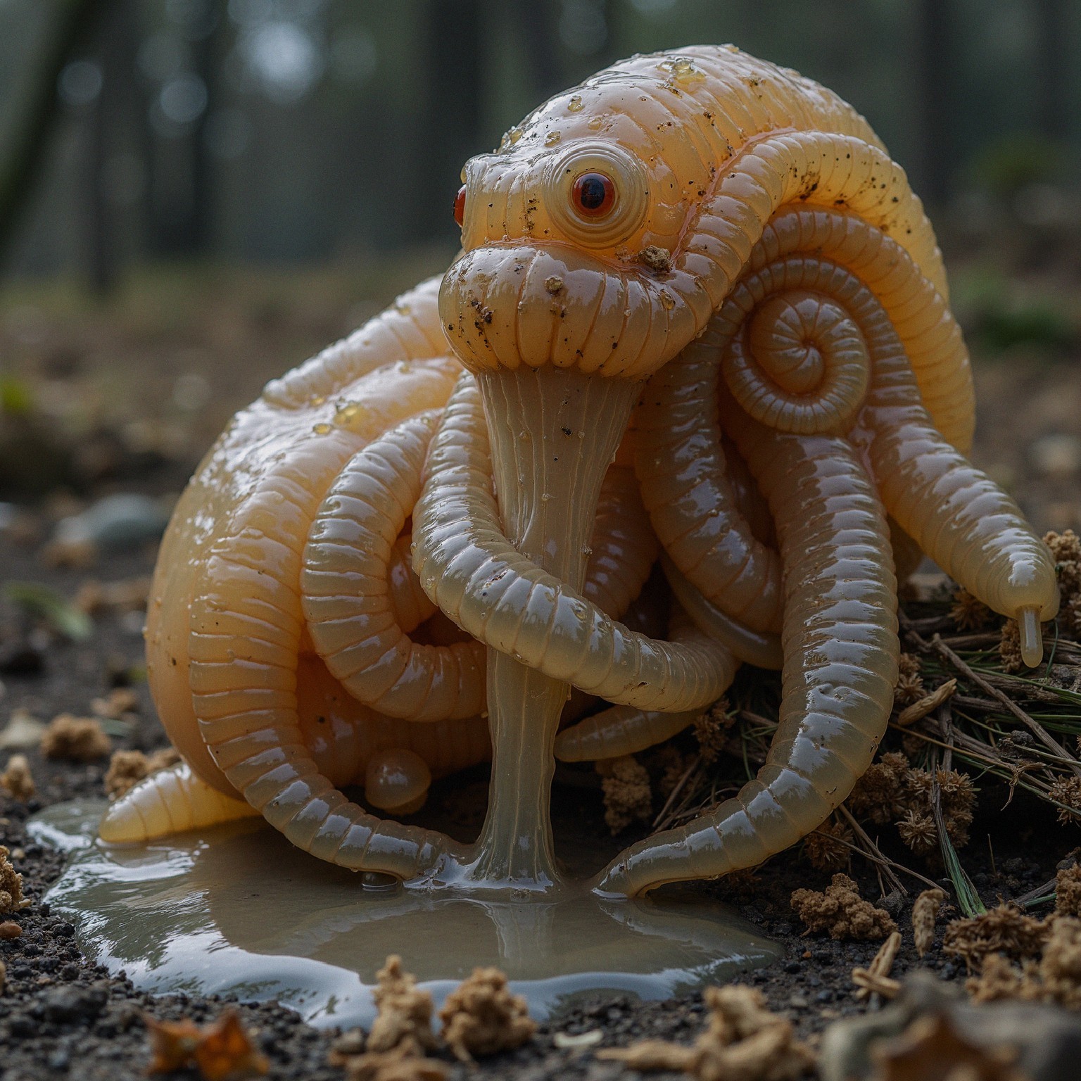 Translucent Orange Octopus-like Creature on Forest Floor