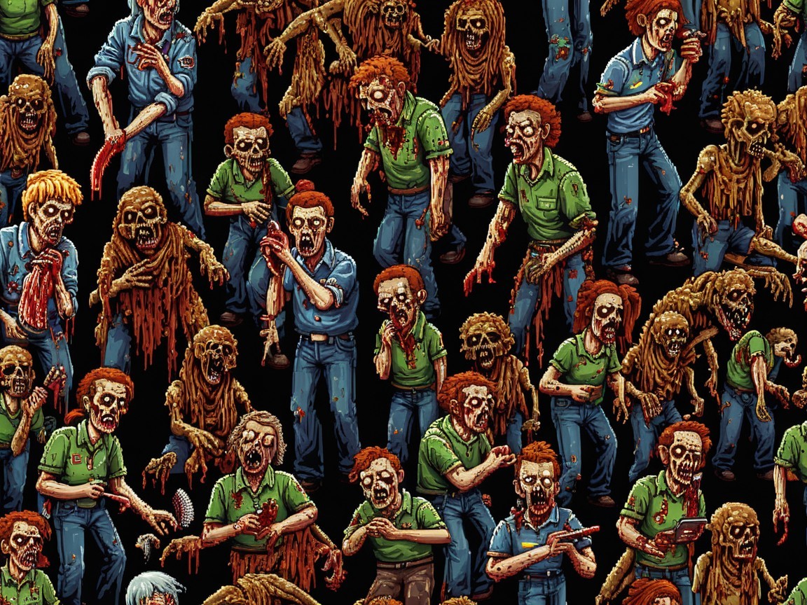 Chaotic Crowd of Diverse Zombies in Dark Setting