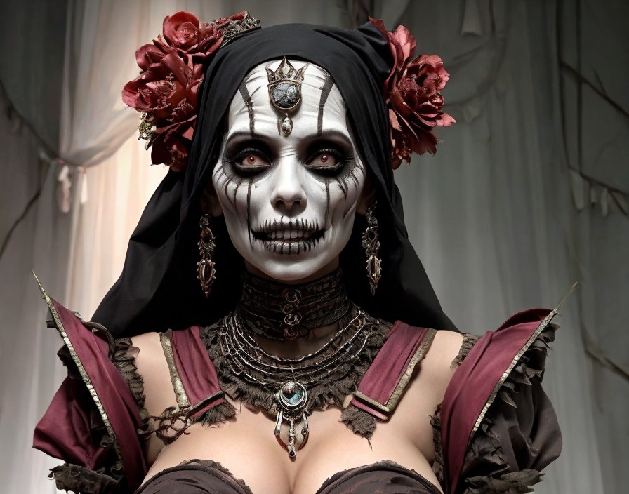 Gothic Aesthetic with Skull Makeup and Dark Veil