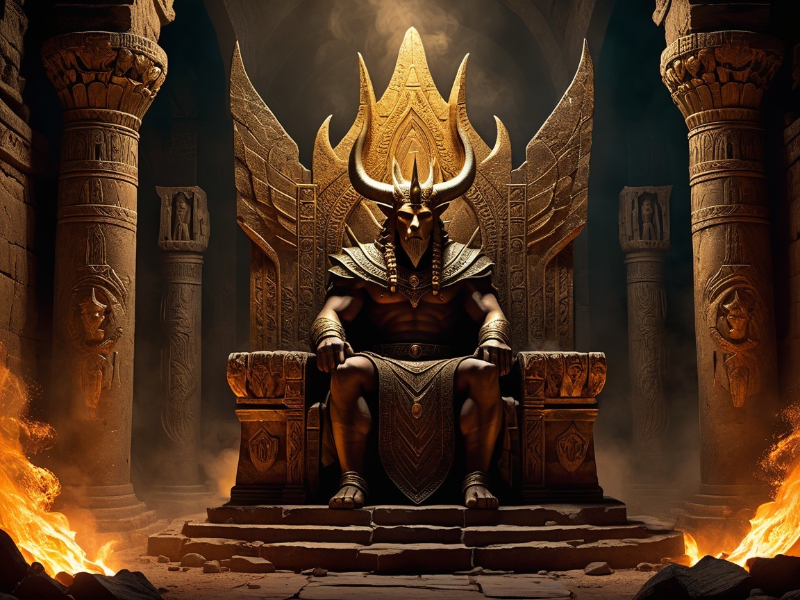 Majestic figure on ornate throne with ancient pillars