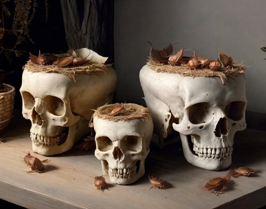 Skulls with Straw Nests and Cockroaches on Wood