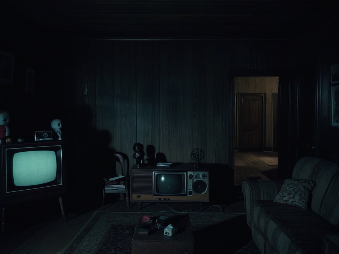 Vintage sofa and eerie dolls in a dimly lit room