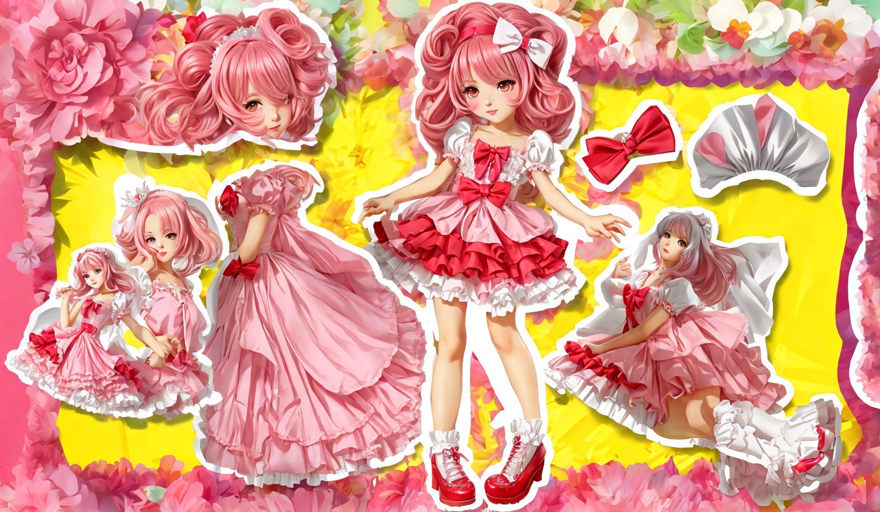 Whimsical Character in Pink Dress with Floral Accents