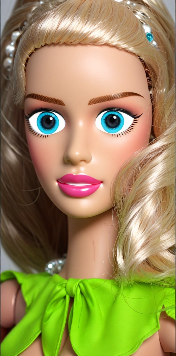 Close-up of a fashion doll with blue eyes and blonde hair