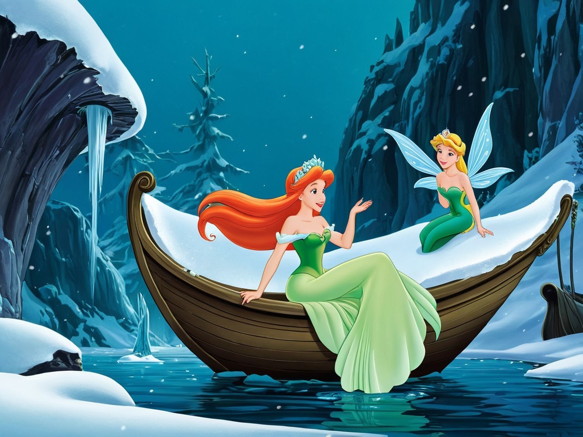 Princess in a snowy boat with a fairy in winter scene