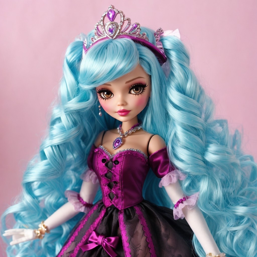 Fashion doll with turquoise hair and purple dress