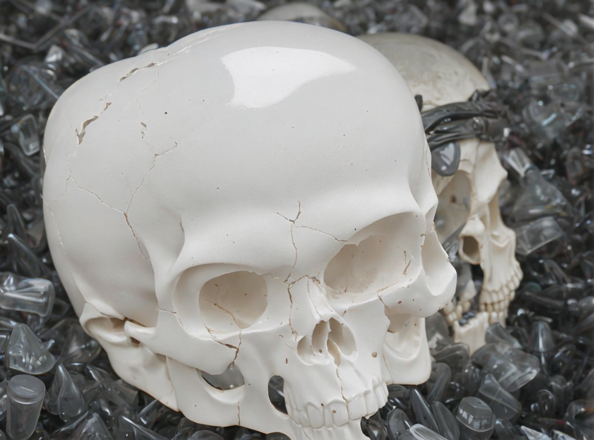 Ceramic skulls on black plastic shards create contrast