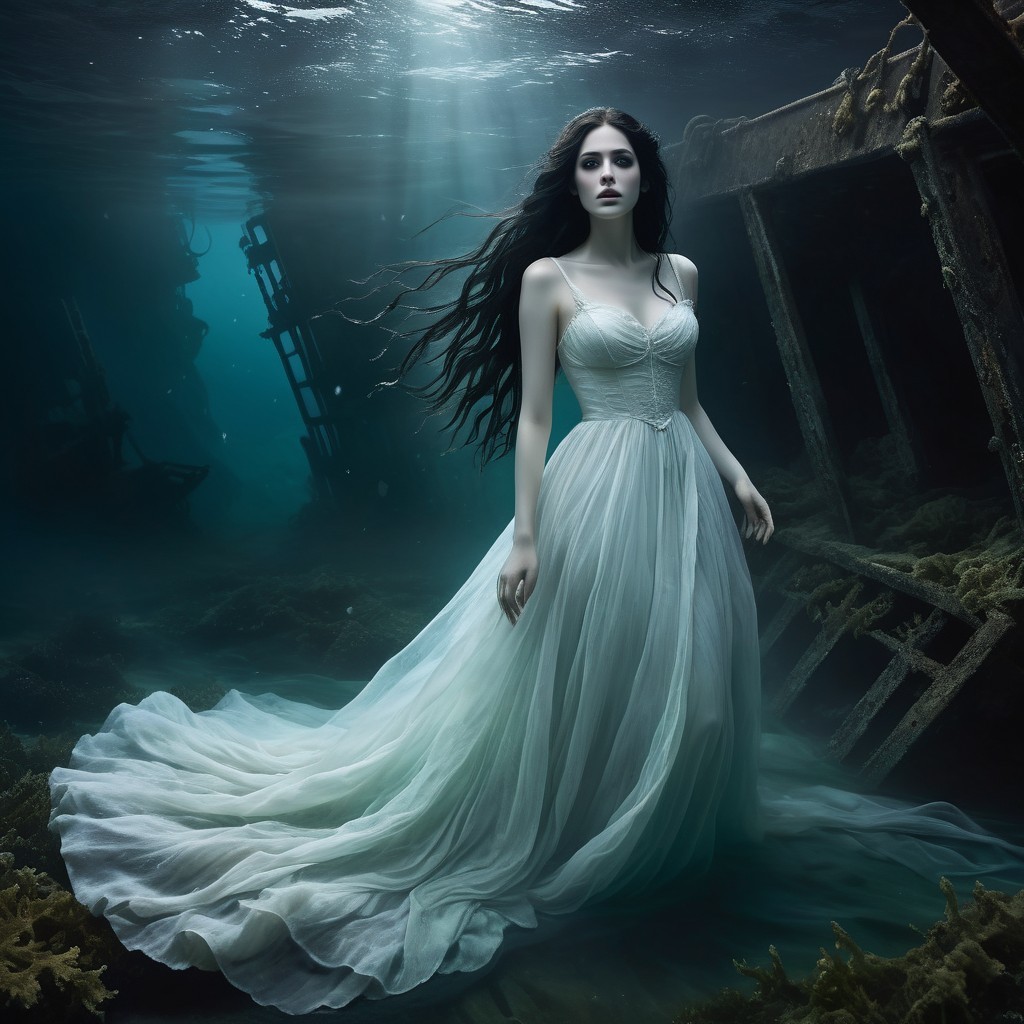 Ethereal Figure in Pale Gown Underwater Scene