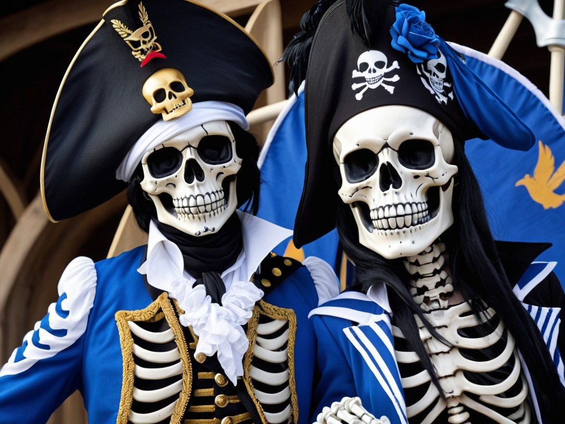 Pirate Skeletons in Colorful Costumes and Playful Poses