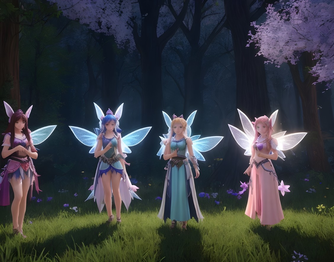 Fairies in a Sunlit Forest Surrounded by Flowers