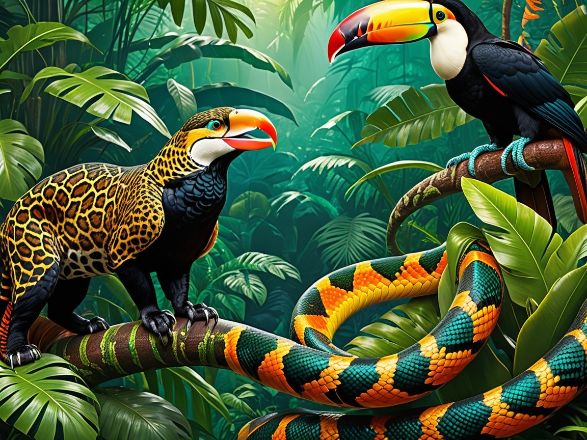 Vibrant Jungle Scene with Toucan, Jaguar, and Snake