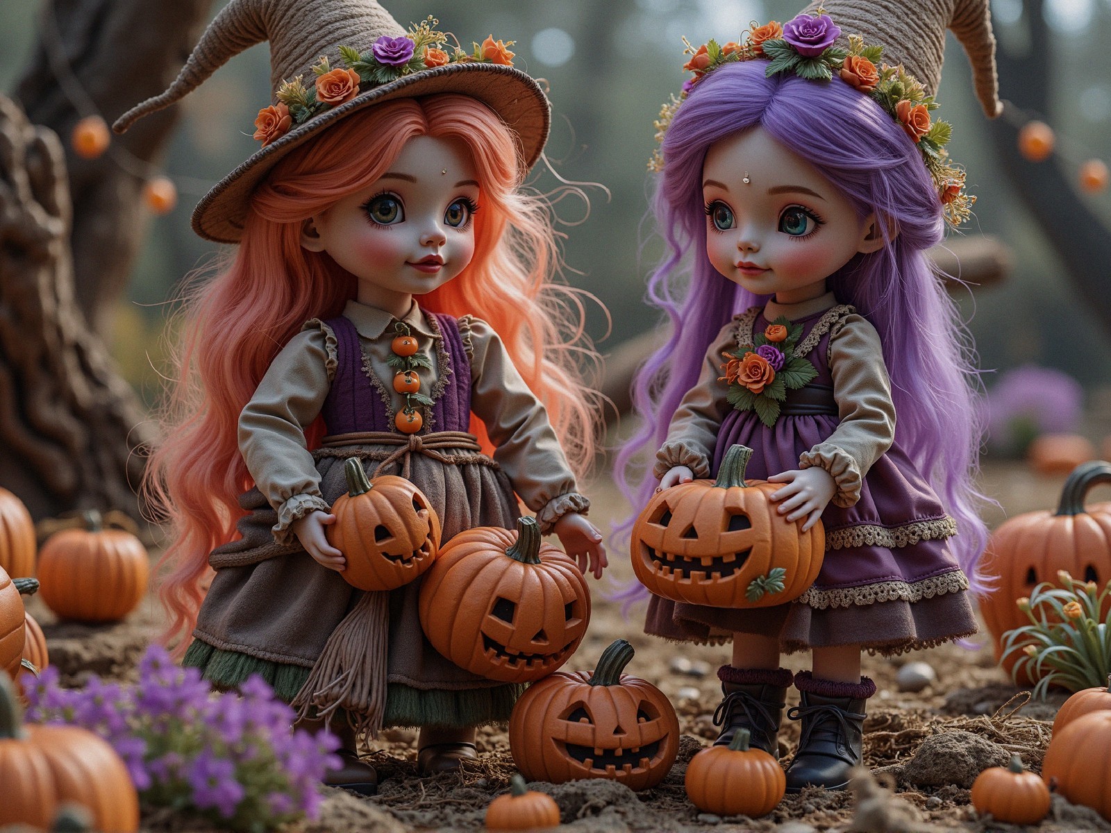 Charming Dolls in Autumn Setting with Pumpkins