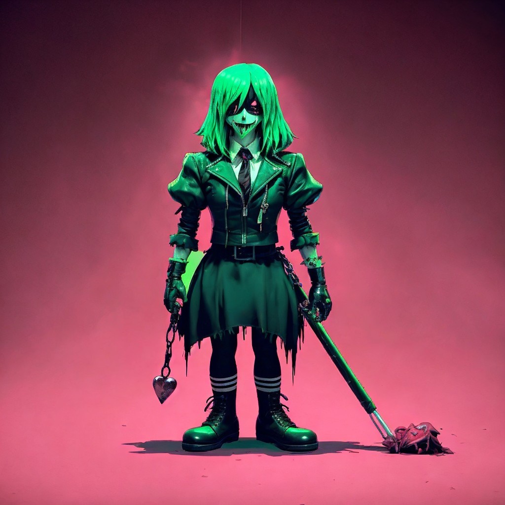Eerie Character with Green Hair on Pink Background