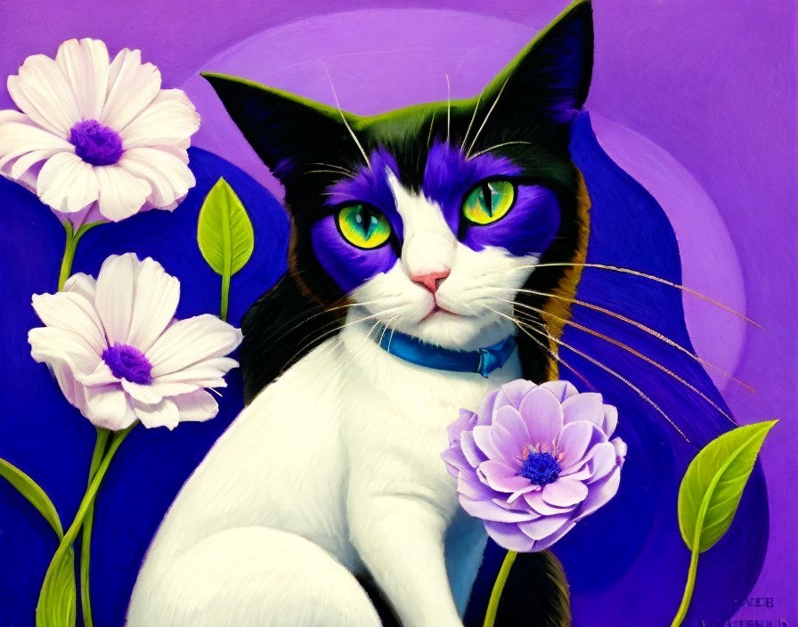Portrait of a Cat with Black and White Coat and Purple Hues