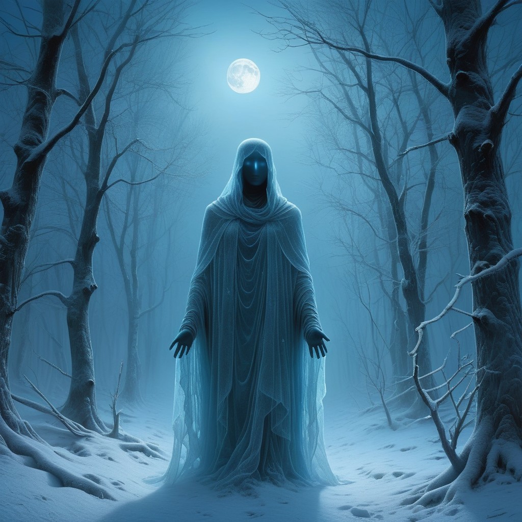 Ghostly Figure in Snowy Forest Under Full Moon