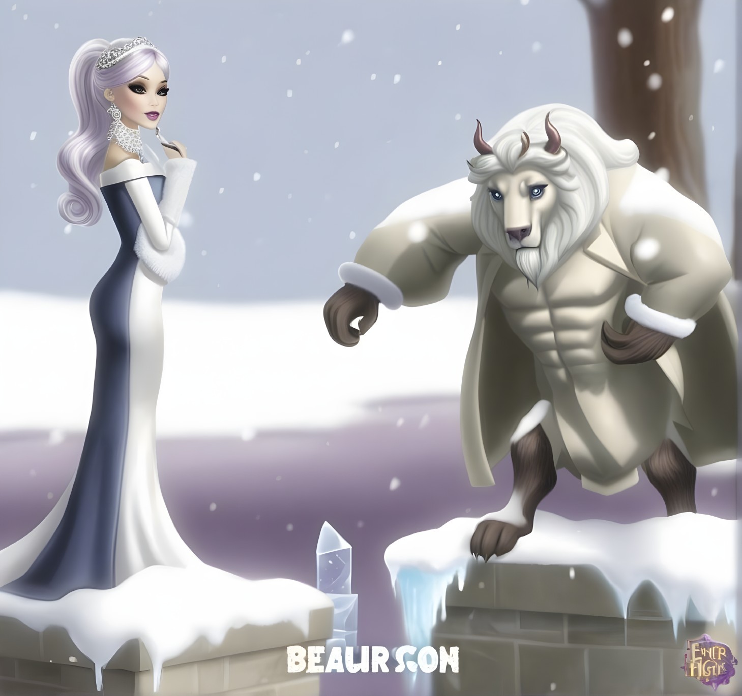 Regal Figure and Lion-like Beast in Frosty Landscape