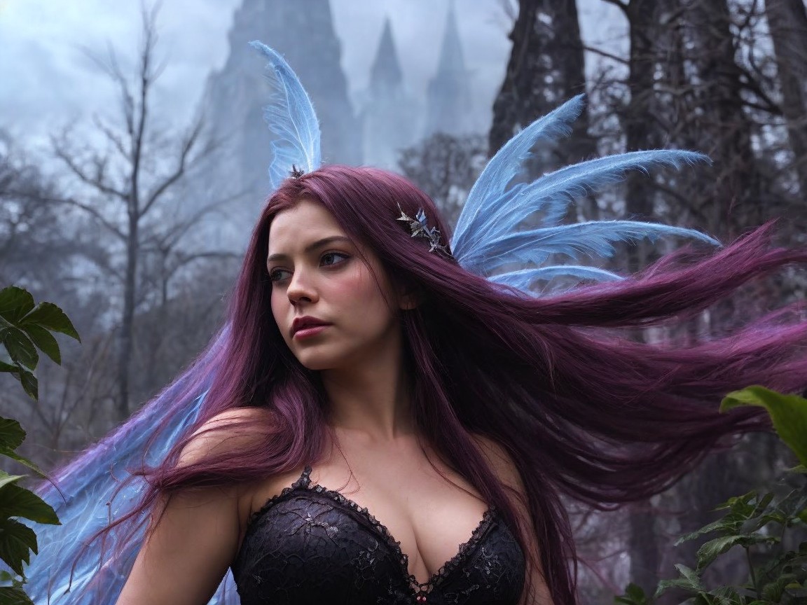 Mysterious Fairy in Dark Enchanted Forest Scene