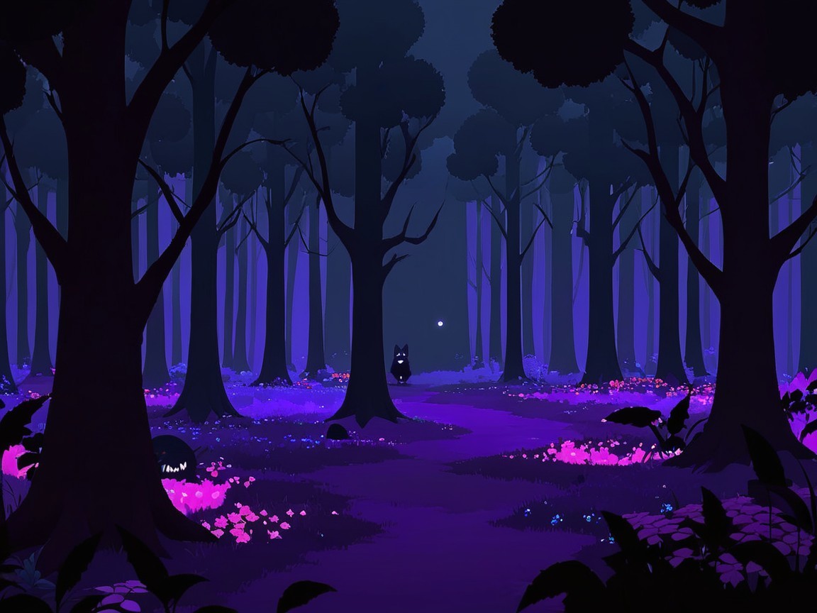 Mystical forest with purple hues and hidden figures