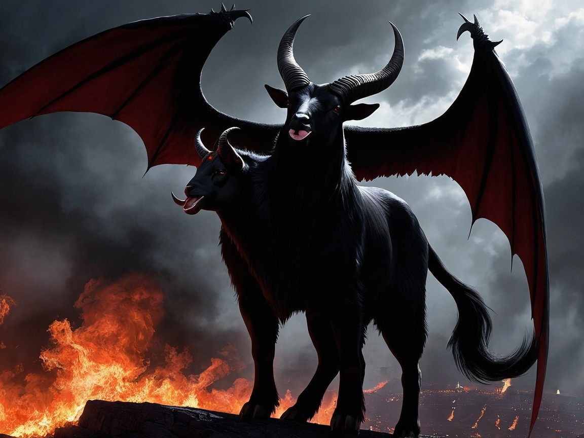 Dark Mythical Bull Creature with Wings and Flames