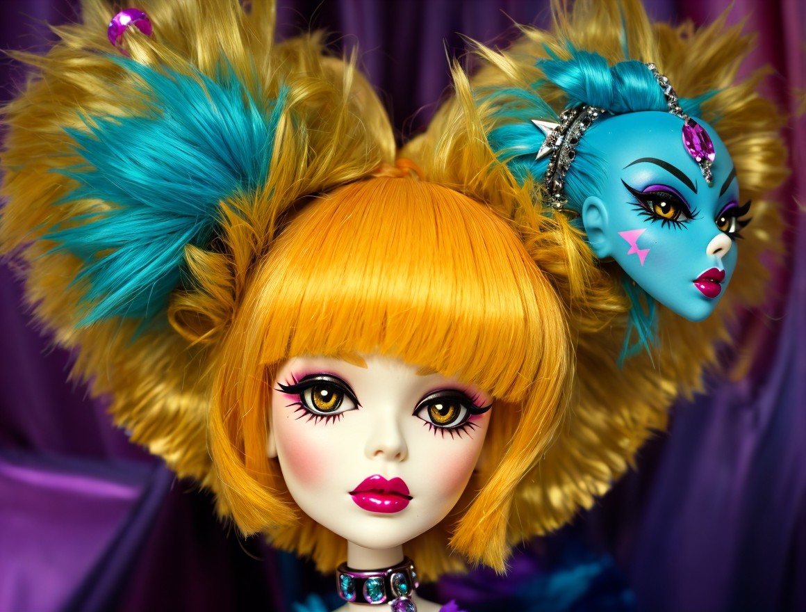 Doll Heads with Colorful Hair and Bold Makeup