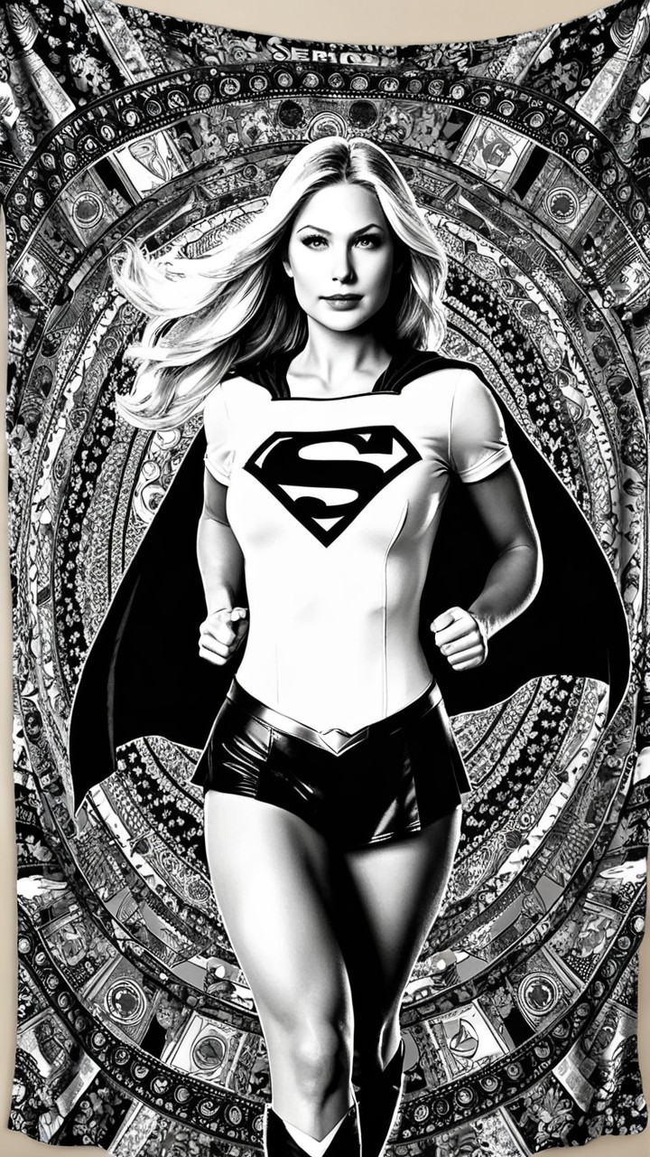 Black-and-white superheroine in dynamic pose with cape